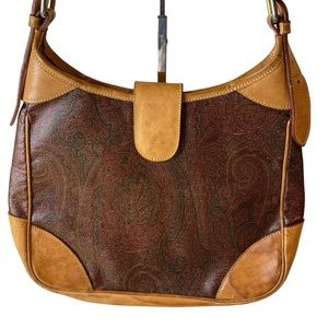 EUC Etro Milano Coated Canvas Paisley Pattern Tan Leather trimmed Shoulder Bag